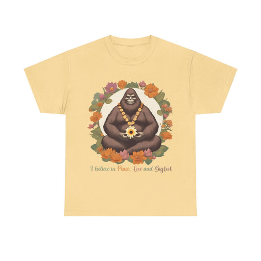 I Believe in Peace, Love, and Bigfoot - Unisex Heavy Cotton Tee